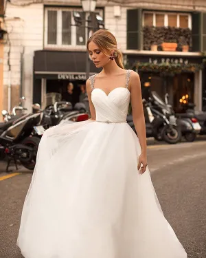 Sexy Tulle A-line Wedding Dress Beaded Spaghetti Straps Long Wedding Gown Sheer Back