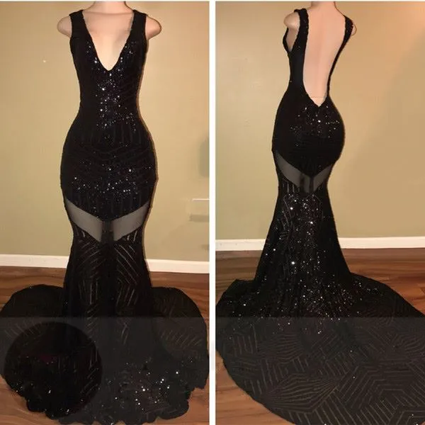 Sexy V-neck Black Sequined Burgundy Prom Dresses