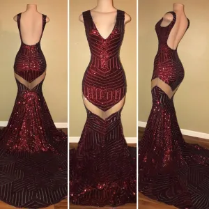 Sexy V-neck Black Sequined Burgundy Prom Dresses