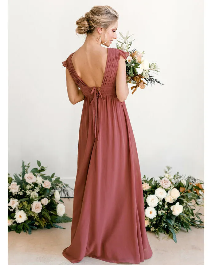 Sexy V-Neck Long Bridesmaid Dresses Cap Sleeves Chiffon Ruffles Wedding Party Gowns for Girls