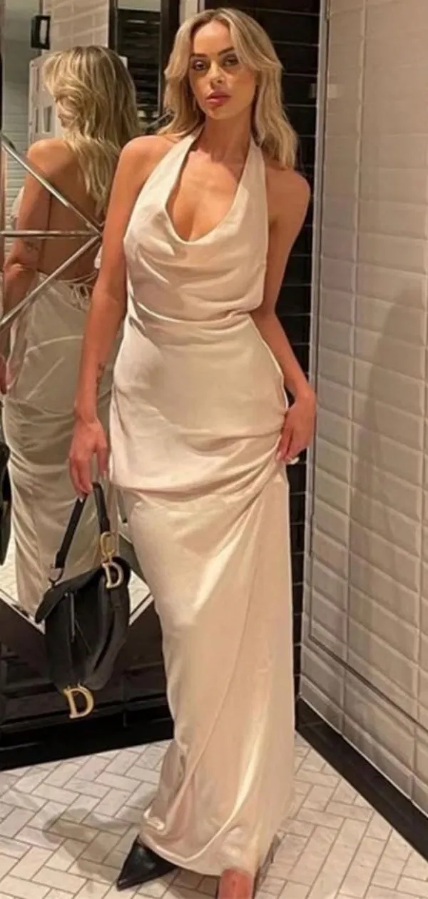 Sexy V-neck Sleeveless Mermaid Satin Evening Prom Dresses Online, OLP942