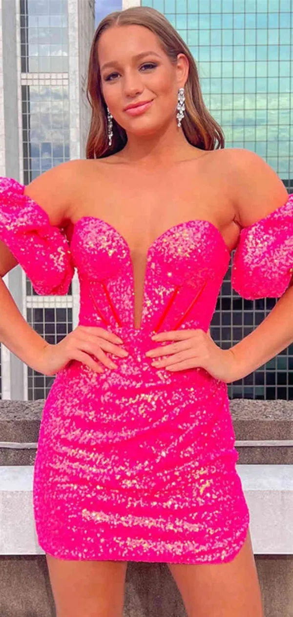 Shiny Off-shoulder Sleeveless Short Sequin Mermaid Homecoming Dresses For Party Online, HD0804