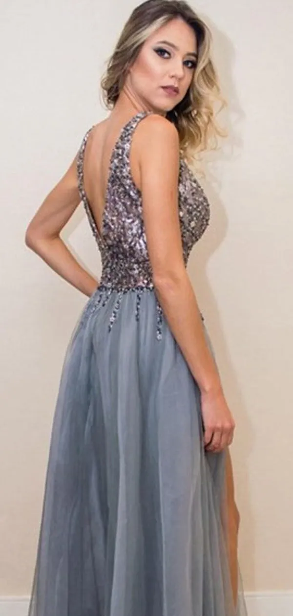Shiny Sequin Beading Tulle Silt Sleeveless A-line Prom Dresses,PD00195