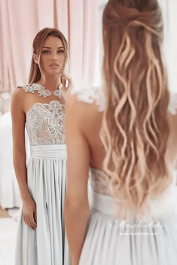 Silver Chiffon A-line Lace Appliqued Bridesmaid Dresses With Slit, MBD246