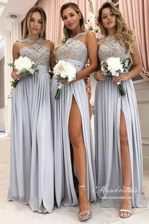 Silver Chiffon A-line Lace Appliqued Bridesmaid Dresses With Slit, MBD246