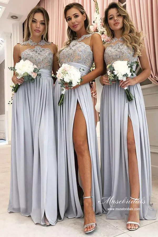 Silver Chiffon A-line Lace Appliqued Bridesmaid Dresses With Slit, MBD246