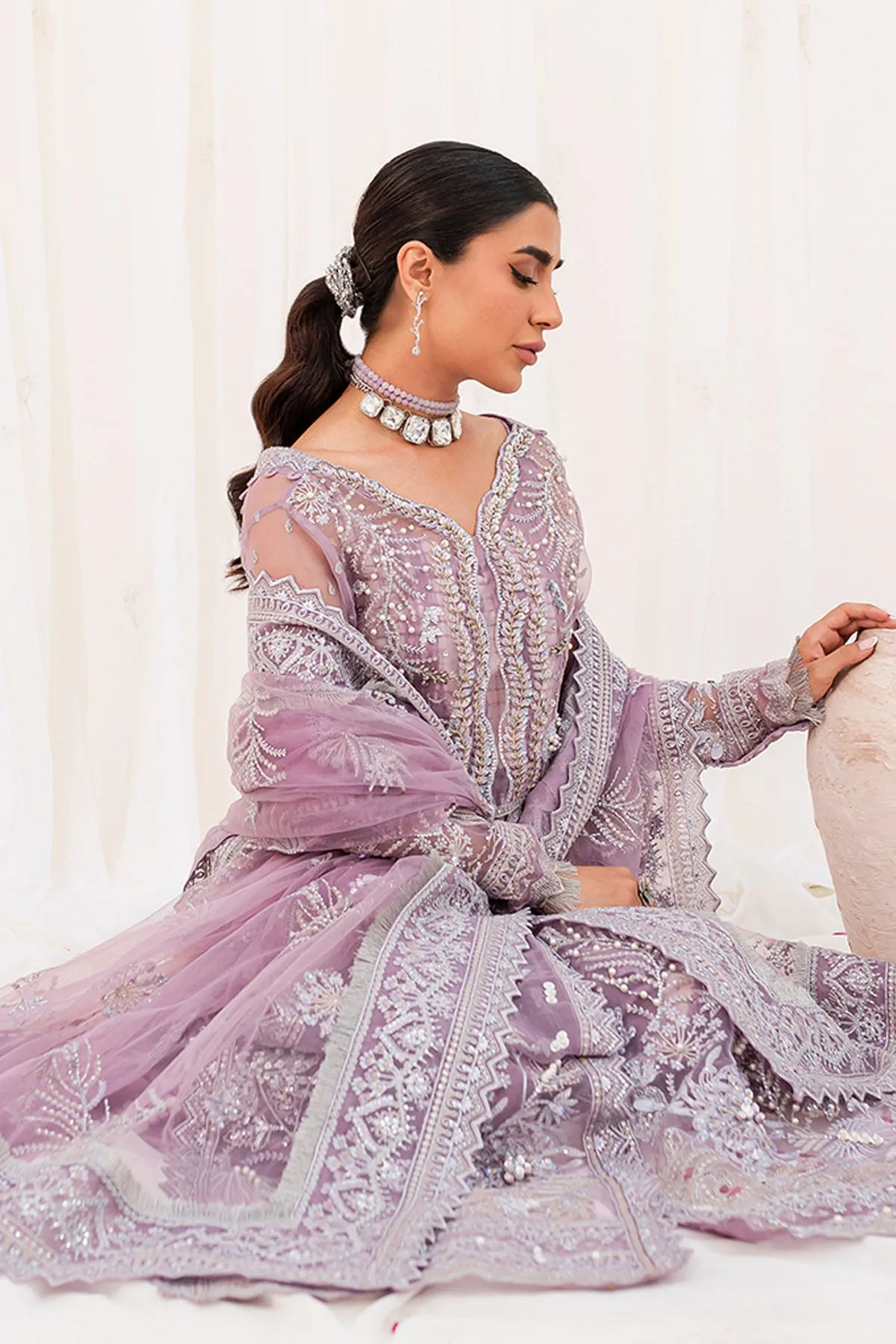 Silver Embroidered Lilac Pakistani Open Gown Style Wedding Dress