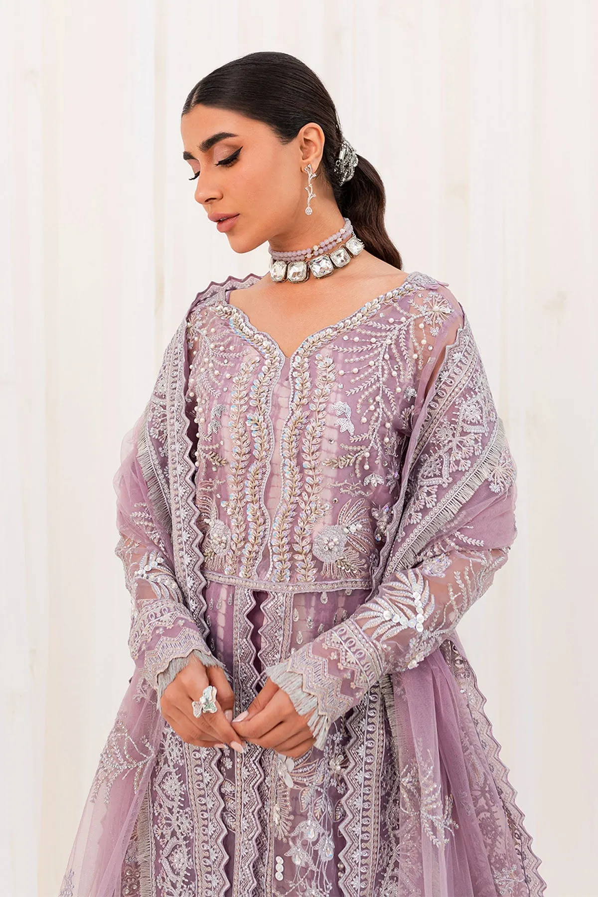 Silver Embroidered Lilac Pakistani Open Gown Style Wedding Dress