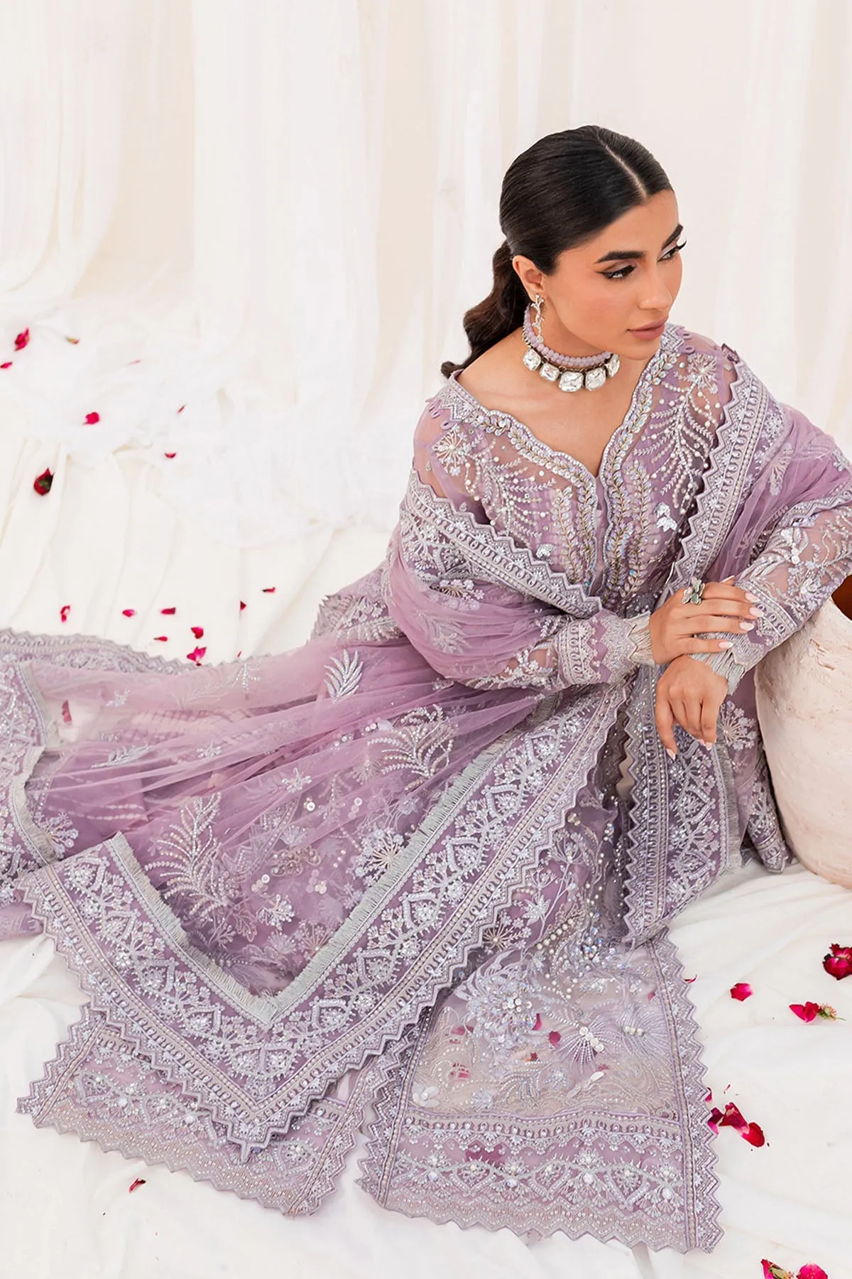 Silver Embroidered Lilac Pakistani Open Gown Style Wedding Dress