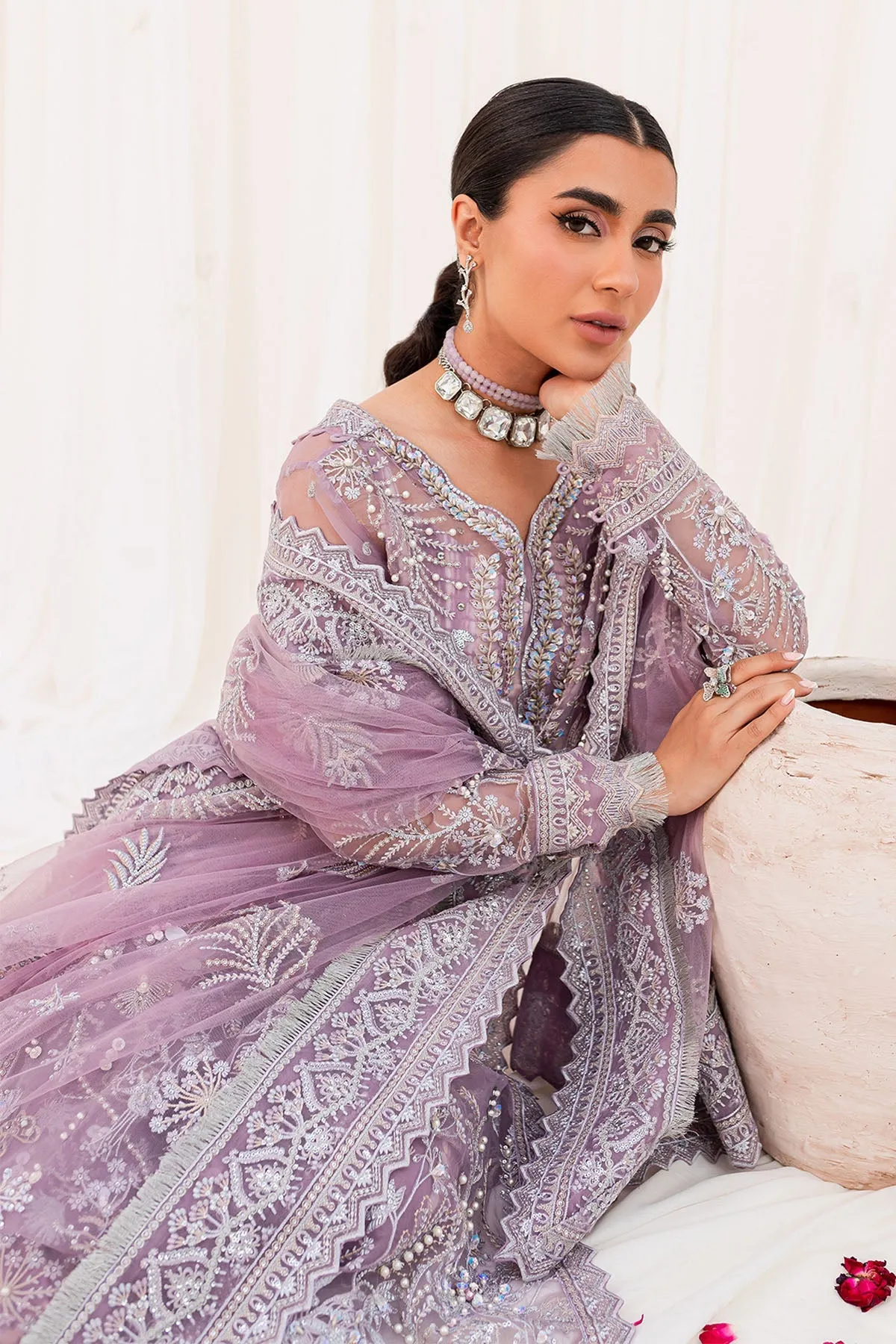 Silver Embroidered Lilac Pakistani Open Gown Style Wedding Dress