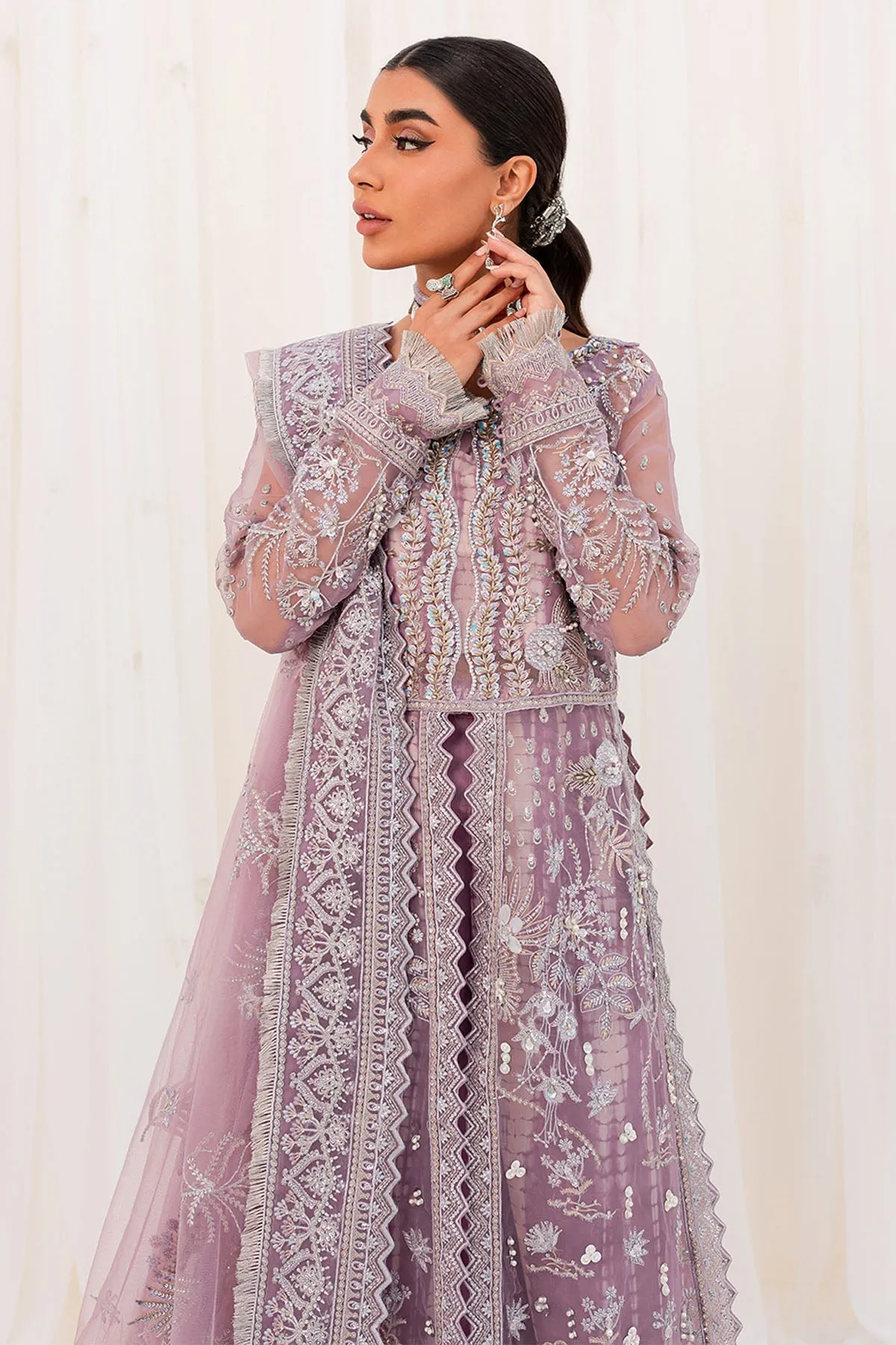 Silver Embroidered Lilac Pakistani Open Gown Style Wedding Dress
