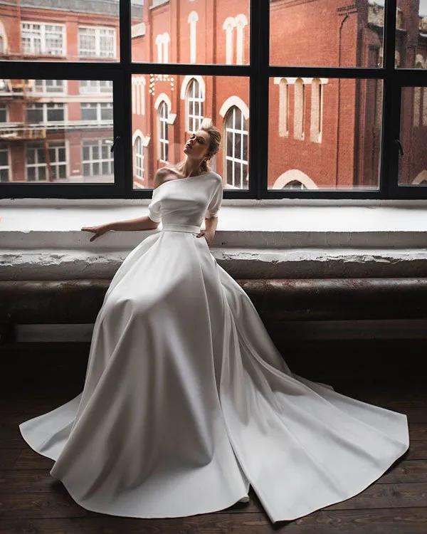Simple 2018 Satin Wedding Dresses with Half Sleeve Open Back Wedding Gowns with Bow Floor Length