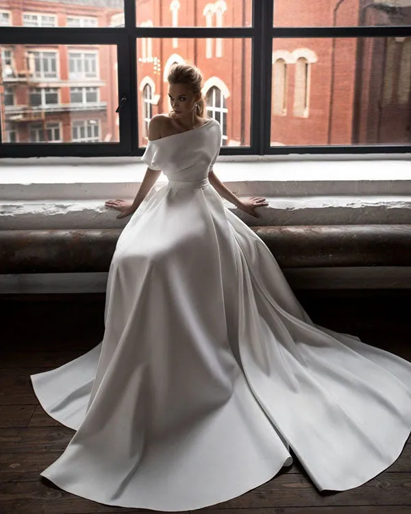 Simple 2018 Satin Wedding Dresses with Half Sleeve Open Back Wedding Gowns with Bow Floor Length