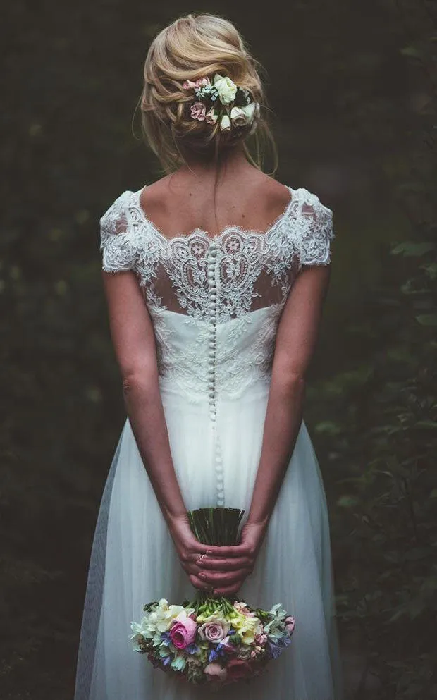 Simple Adorable A Line Satin Lace Tulle Bateau Short Sleeve Wedding Dress-715993