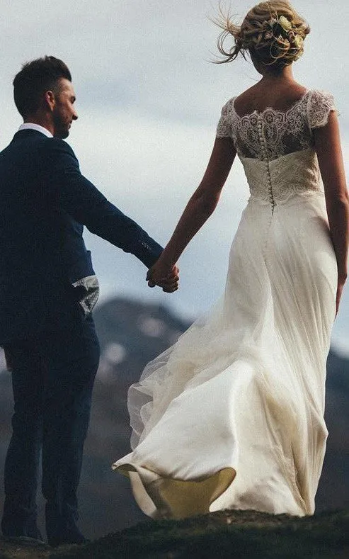 Simple Adorable A Line Satin Lace Tulle Bateau Short Sleeve Wedding Dress-715993