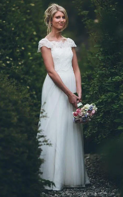 Simple Adorable A Line Satin Lace Tulle Bateau Short Sleeve Wedding Dress-715993