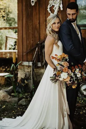 Simple Chiffon Lace A-line Sweetheart Strapless Beach Wedding Dress, MW642