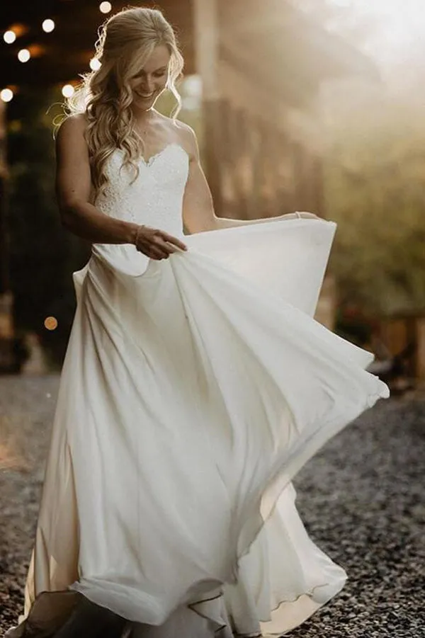 Simple Chiffon Lace A-line Sweetheart Strapless Beach Wedding Dress, MW642