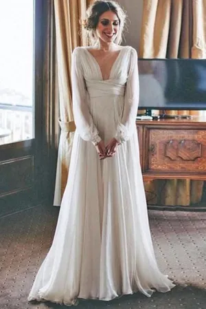 Simple Chiffon Long Sleeves A-line Floor Length Beach Wedding Dresses, MW658