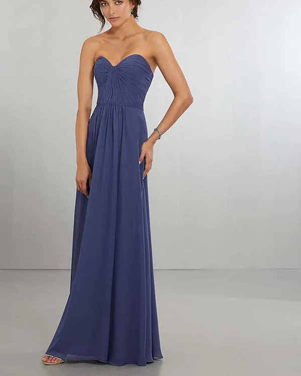 Simple Dark Blue Bridesmaid Dresses 2018 Strapless Chiffon Ruched Pleats Bridesmaid Gowns Floor Length