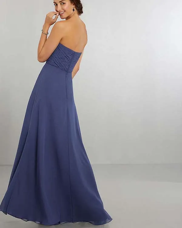 Simple Dark Blue Bridesmaid Dresses 2018 Strapless Chiffon Ruched Pleats Bridesmaid Gowns Floor Length