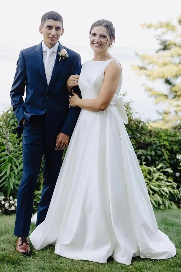 Simple Ivory Satin Bateau Beaded Wedding Dresses With Bow, Bridal Gown, MW867
