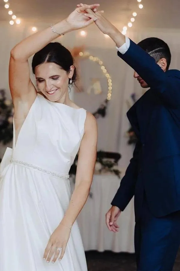 Simple Ivory Satin Bateau Beaded Wedding Dresses With Bow, Bridal Gown, MW867