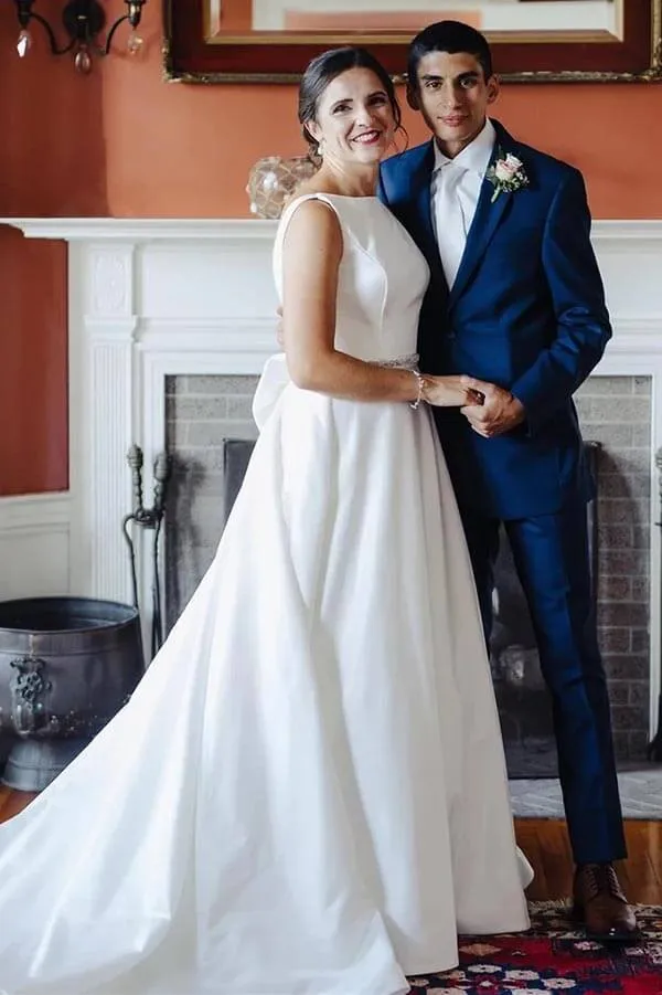Simple Ivory Satin Bateau Beaded Wedding Dresses With Bow, Bridal Gown, MW867