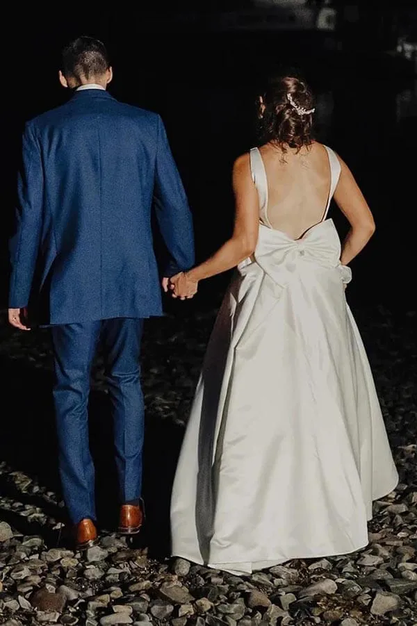 Simple Ivory Satin Bateau Beaded Wedding Dresses With Bow, Bridal Gown, MW867