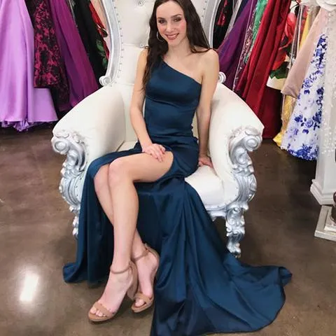 Simple One Shoulder Navy Blue Long Cheap Prom Dresses with Slit, TYP1715