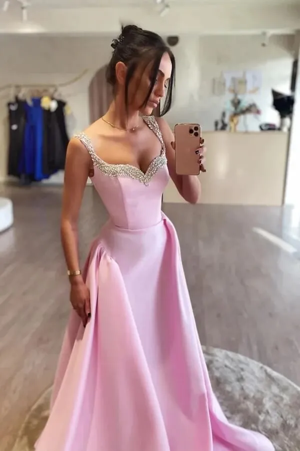 Simple Pink Satin A-line Long Prom Dresses With Beading, Evening Dress, MP964