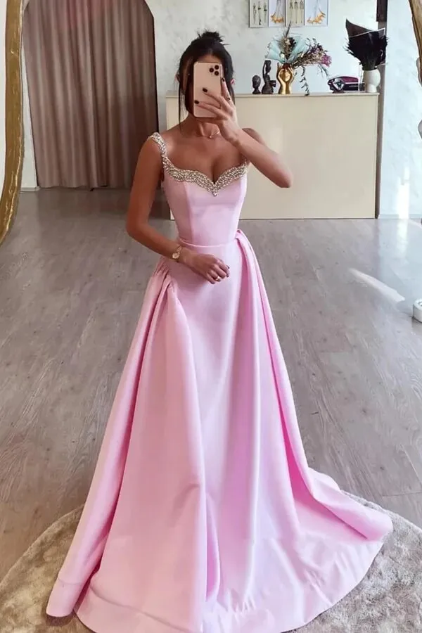 Simple Pink Satin A-line Long Prom Dresses With Beading, Evening Dress, MP964