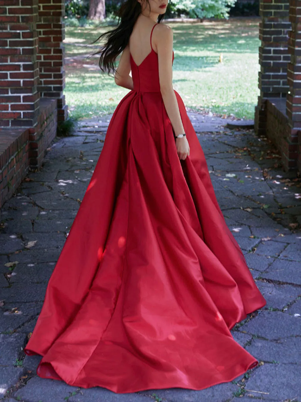 Simple red satin long prom dress, red satin evening dress