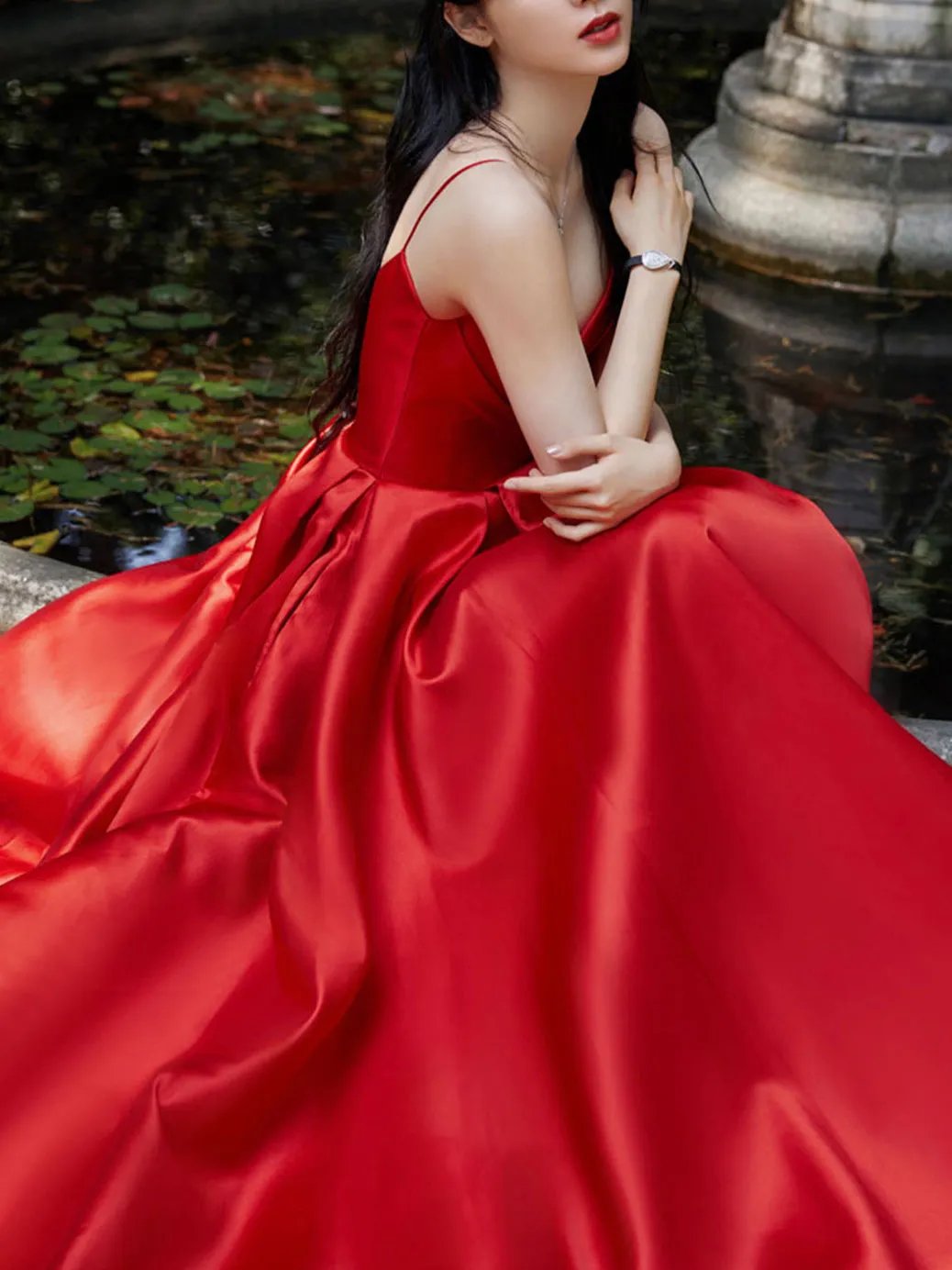 Simple red satin long prom dress, red satin evening dress