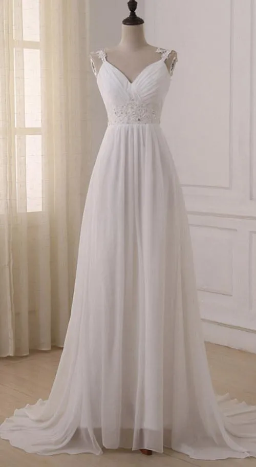 Simple White Chiffon V Neck Straps Wedding Dresses with Sweep Train, MW233