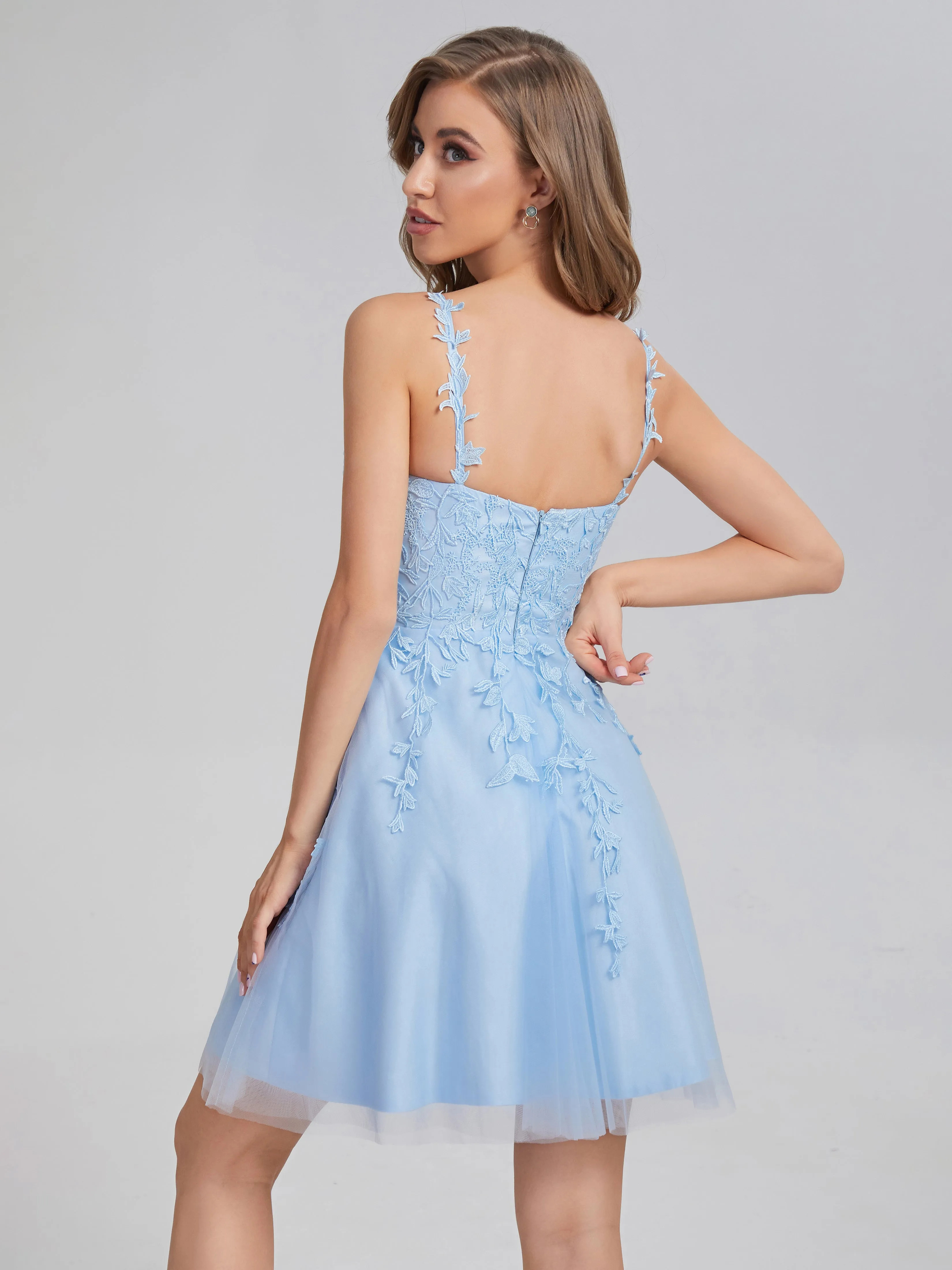 Sky Blue Spaghetti Straps Lace Appliques Homecoming Dress