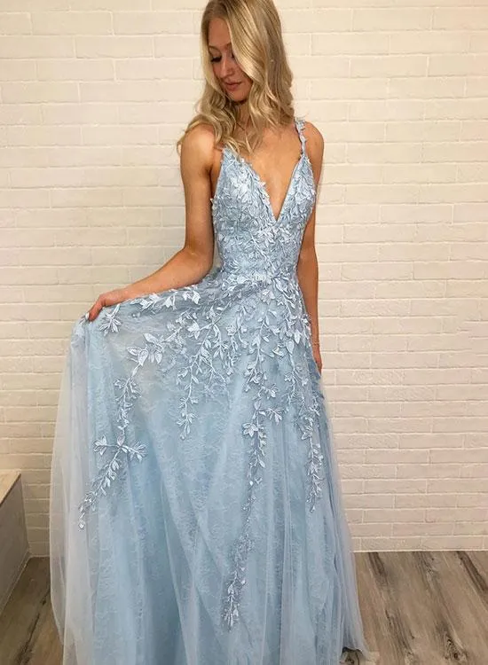 Sky Blue V Neck A Line Sleeveless Prom Dresses, Lace Formal Dresses