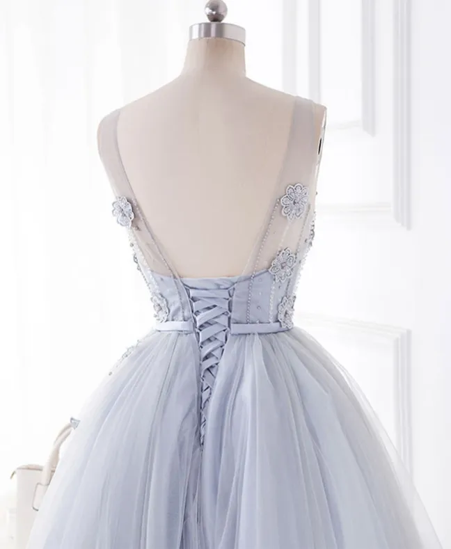 Sliver Grey Tulle Short Beaded Homecoming Dress, Lovely Flowers Lace Short Prom Dress