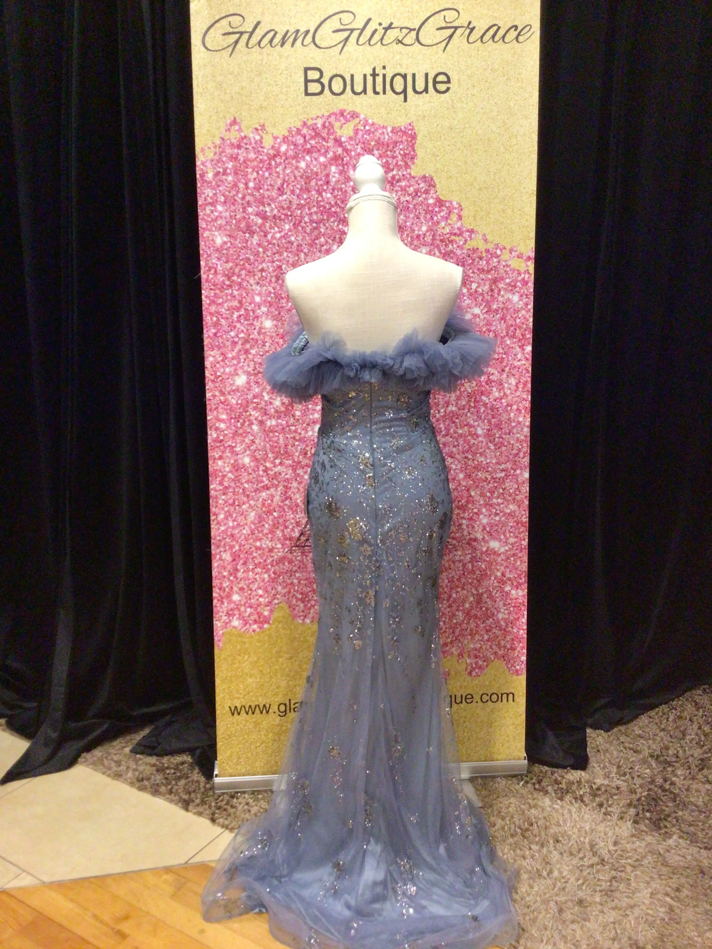 Smokey Blue Sequin Tulle Off The Shoulder Dress