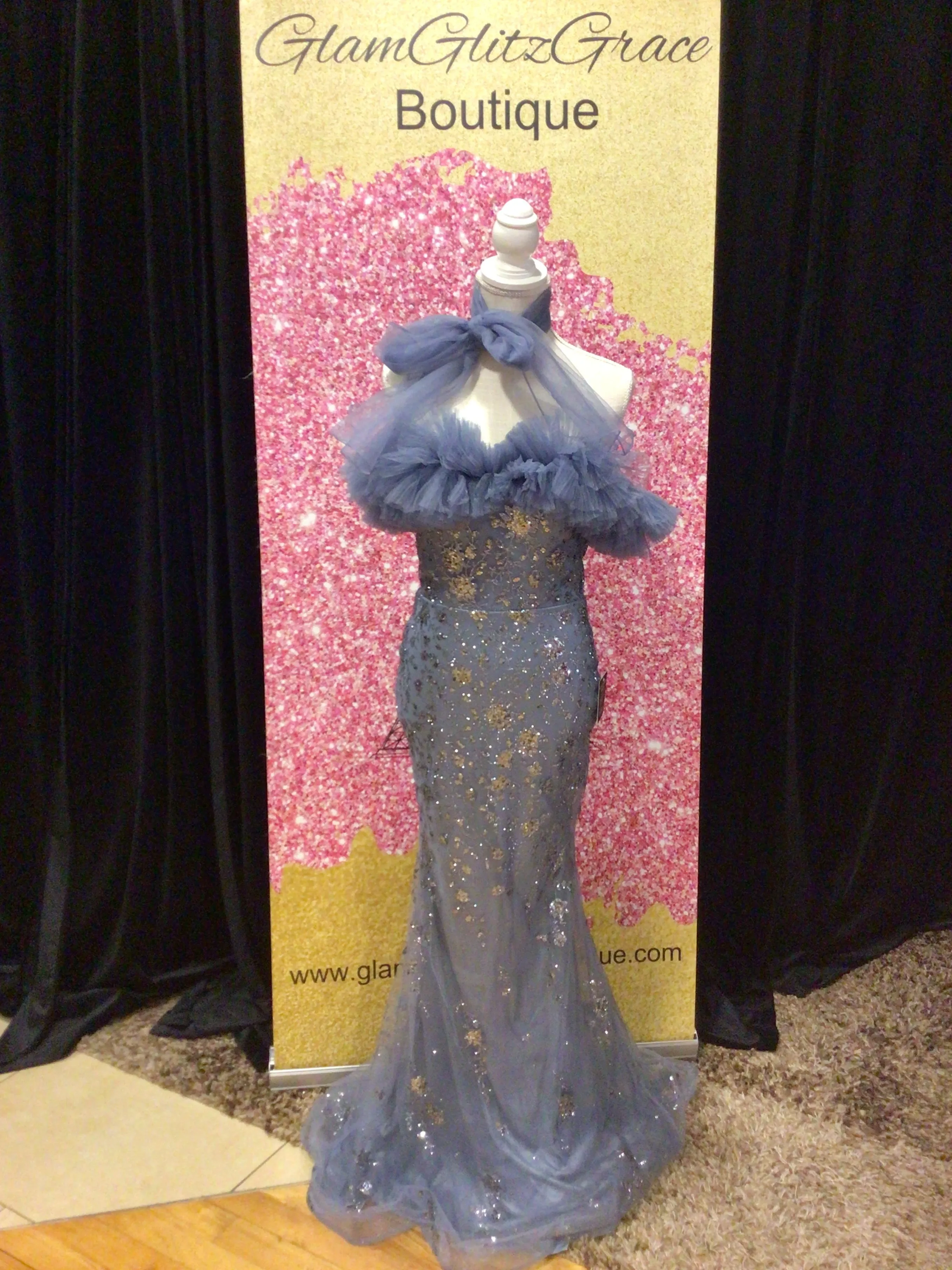 Smokey Blue Sequin Tulle Off The Shoulder Dress