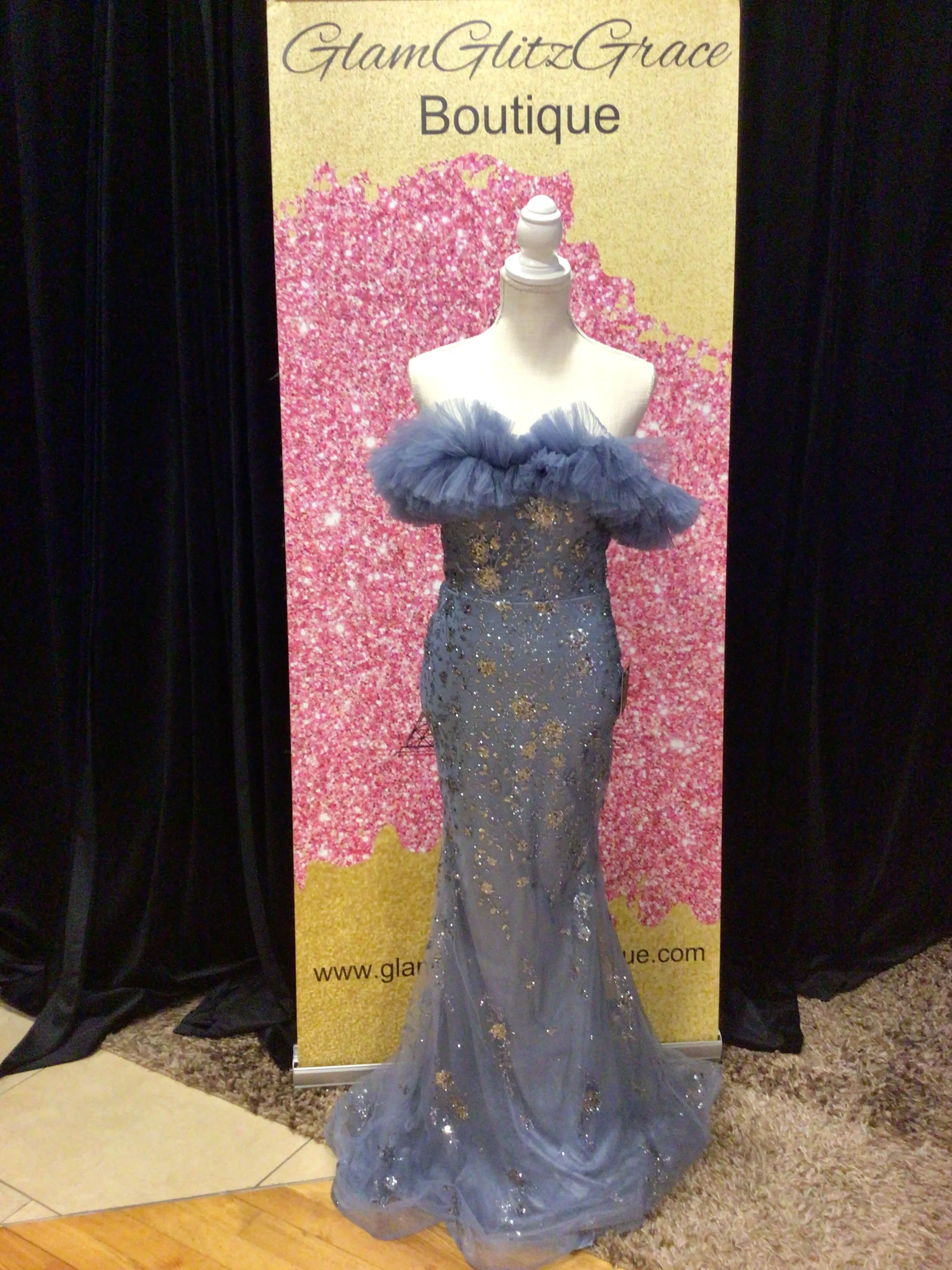 Smokey Blue Sequin Tulle Off The Shoulder Dress