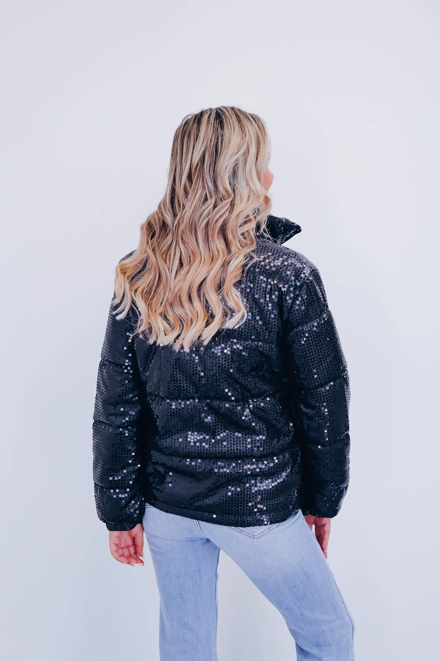 Southern Sparkle Sequin Puff Jacket - Black