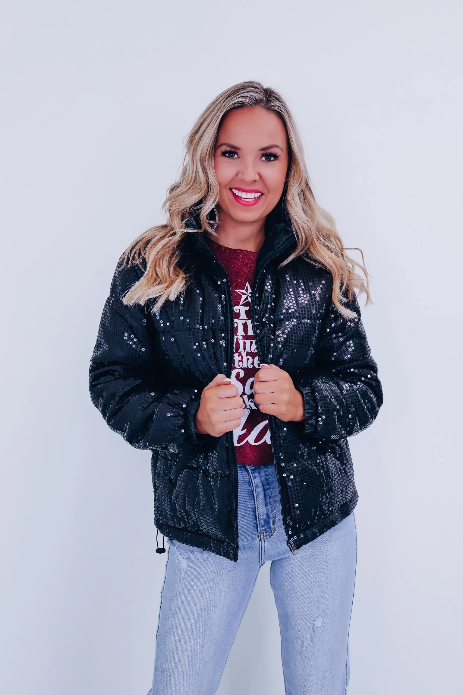 Southern Sparkle Sequin Puff Jacket - Black