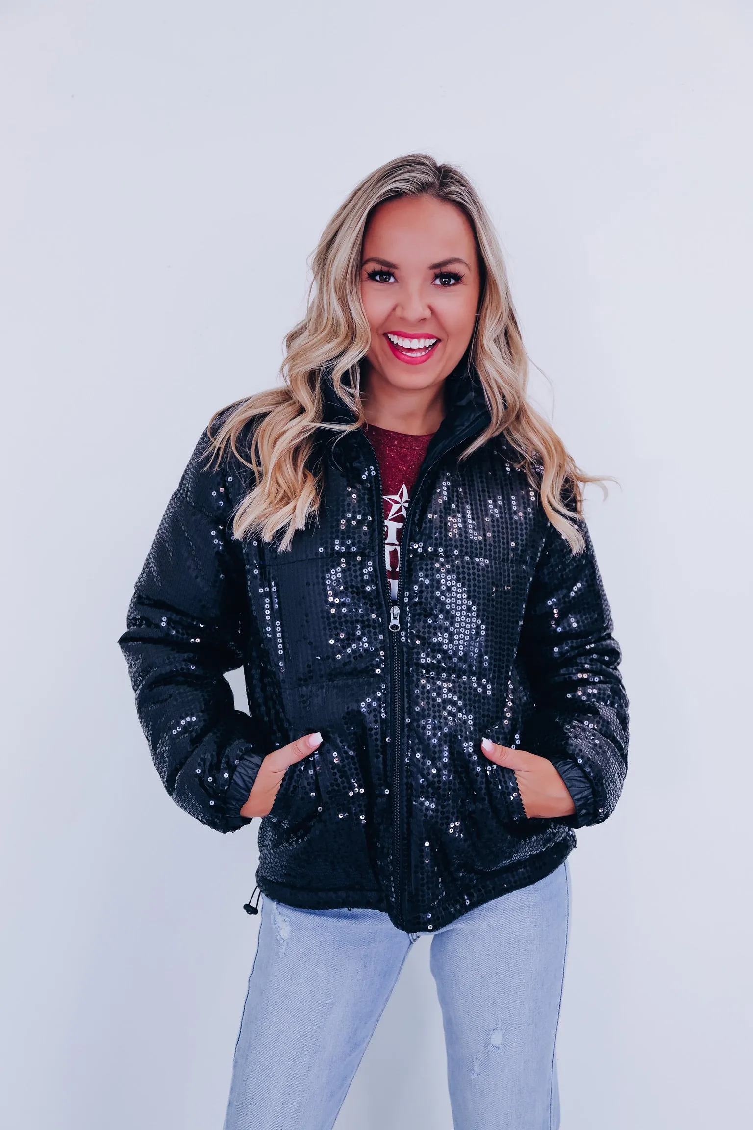Southern Sparkle Sequin Puff Jacket - Black
