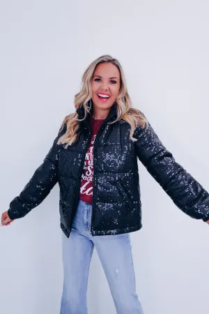 Southern Sparkle Sequin Puff Jacket - Black