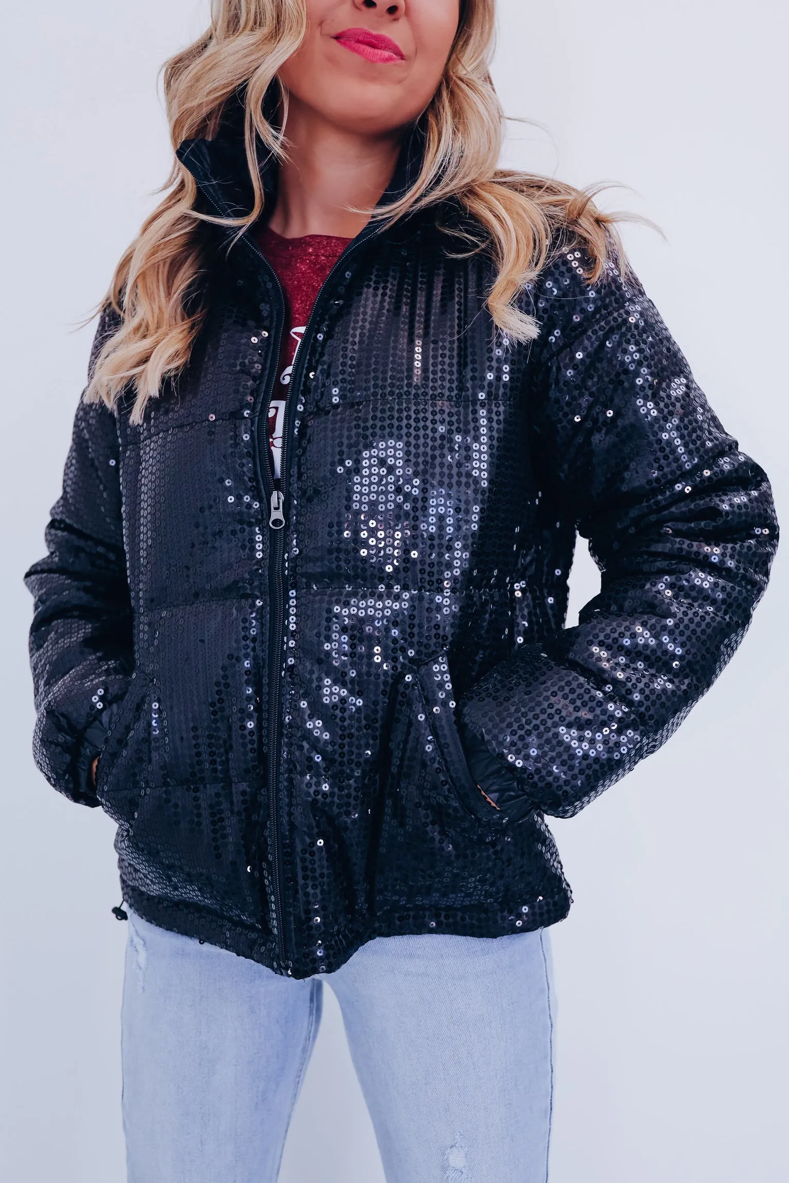 Southern Sparkle Sequin Puff Jacket - Black