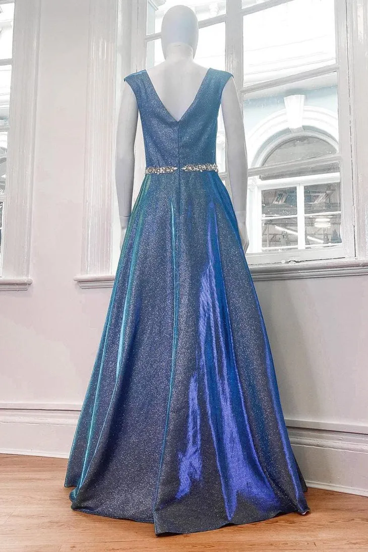 Sparkle V-Neck Sleeveless Long Prom Dress with Beaded Belt