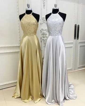 Sparkly Crystal Beaded Halter Long Satin Open Back Prom Dresses, QB0782