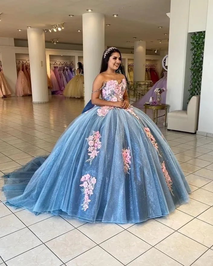 Sparkly Navy Blue Quinceanera Dress with 3D Flowers Floral Sweet 16 Dress Ball Gown vestidos de quinceañera