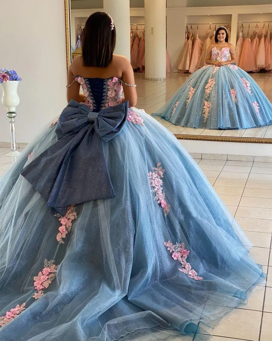 Sparkly Navy Blue Quinceanera Dress with 3D Flowers Floral Sweet 16 Dress Ball Gown vestidos de quinceañera